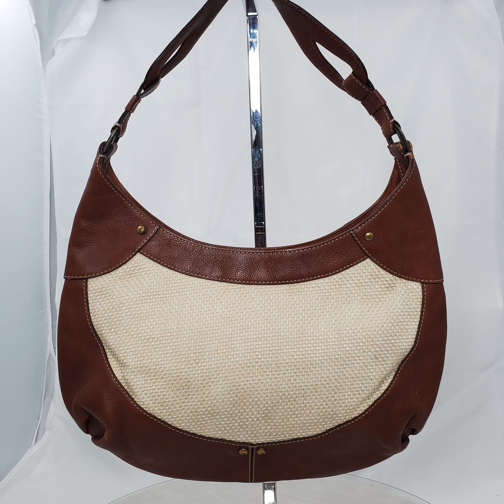 Vintage Y2K Cole Haan Leather Woven Grass Hobo Shoulder Bag Slouchy Boho Straw
